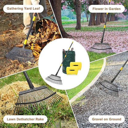 Leaf Rake 18” Wide Heavy Duty Metal 25 Tines Garden Rake Set with 30-90” Adjustable Long Handle for Yard Grass Shrub Mulch Including 32Gallon Garden Bag Leaf Scoops