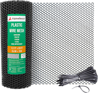 AlpineReach Plastic Wire Mesh 1.3ft x 30ft (15.7" x 360") Fence Roll with Zip Ties - Ideal for Poultry, Dogs, Rabbit Barrier & Gardening, Durable Chicken Mesh, Versatile Rigid Fencing & Netting, Black