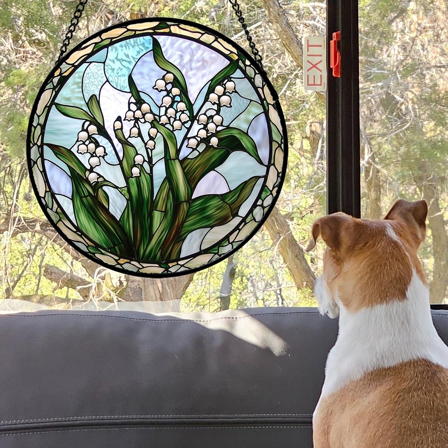 Stained Glass Window Hanging, White Green Lily of The Walley Flowers Sun Catcher for Door Home Decor Plants Suncatcher Christmas Mother's Day Birthday Gifts for Women Men Mom Nana 11.8 in