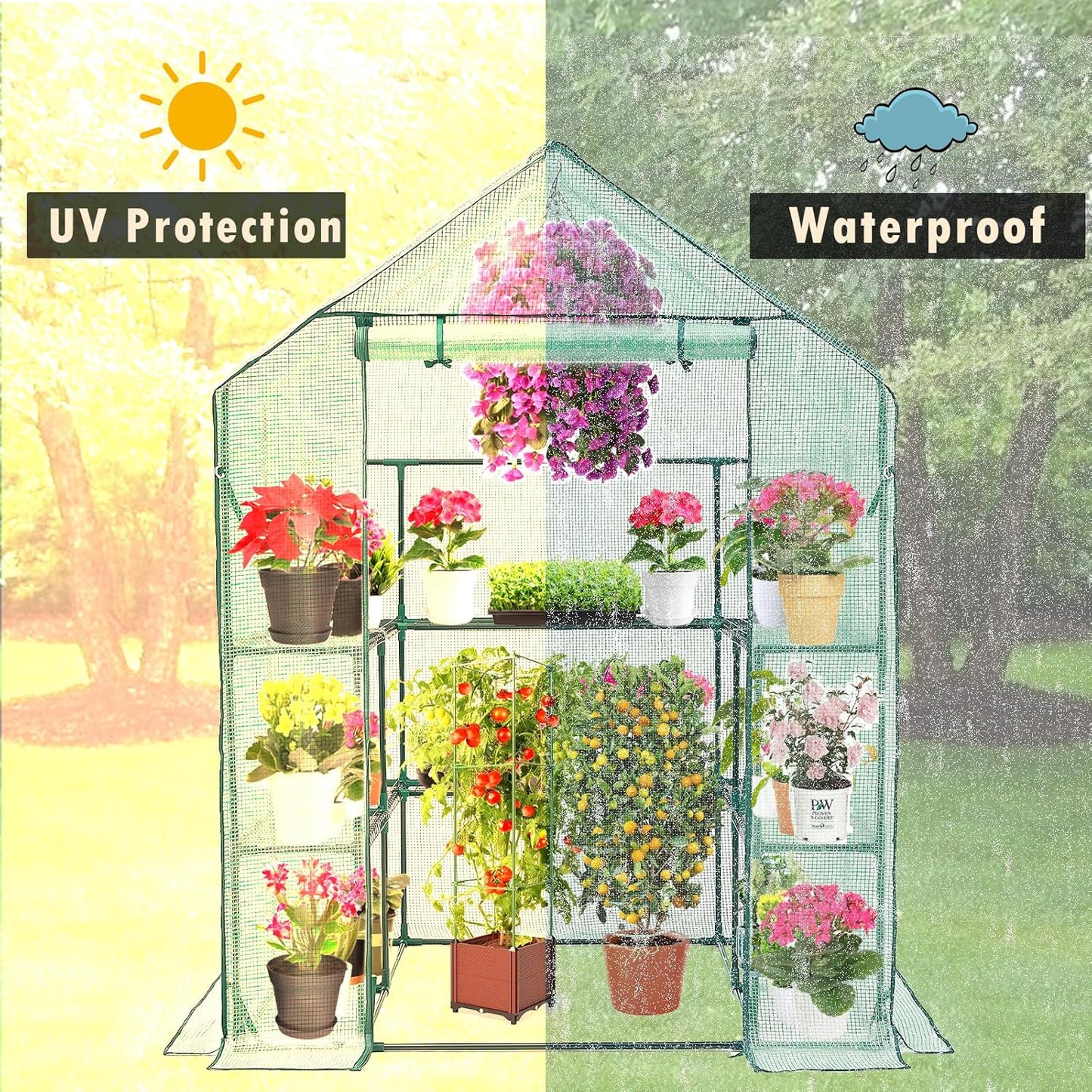 Walk-in Greenhouse for Outdoors, Thickened PE Cover & Heavy Duty Powder-Coated Steel, Mesh Door & Screen Windows, 14 Sturdy Shelves 4.7x4.7x6.4 FT, (GHW002G)