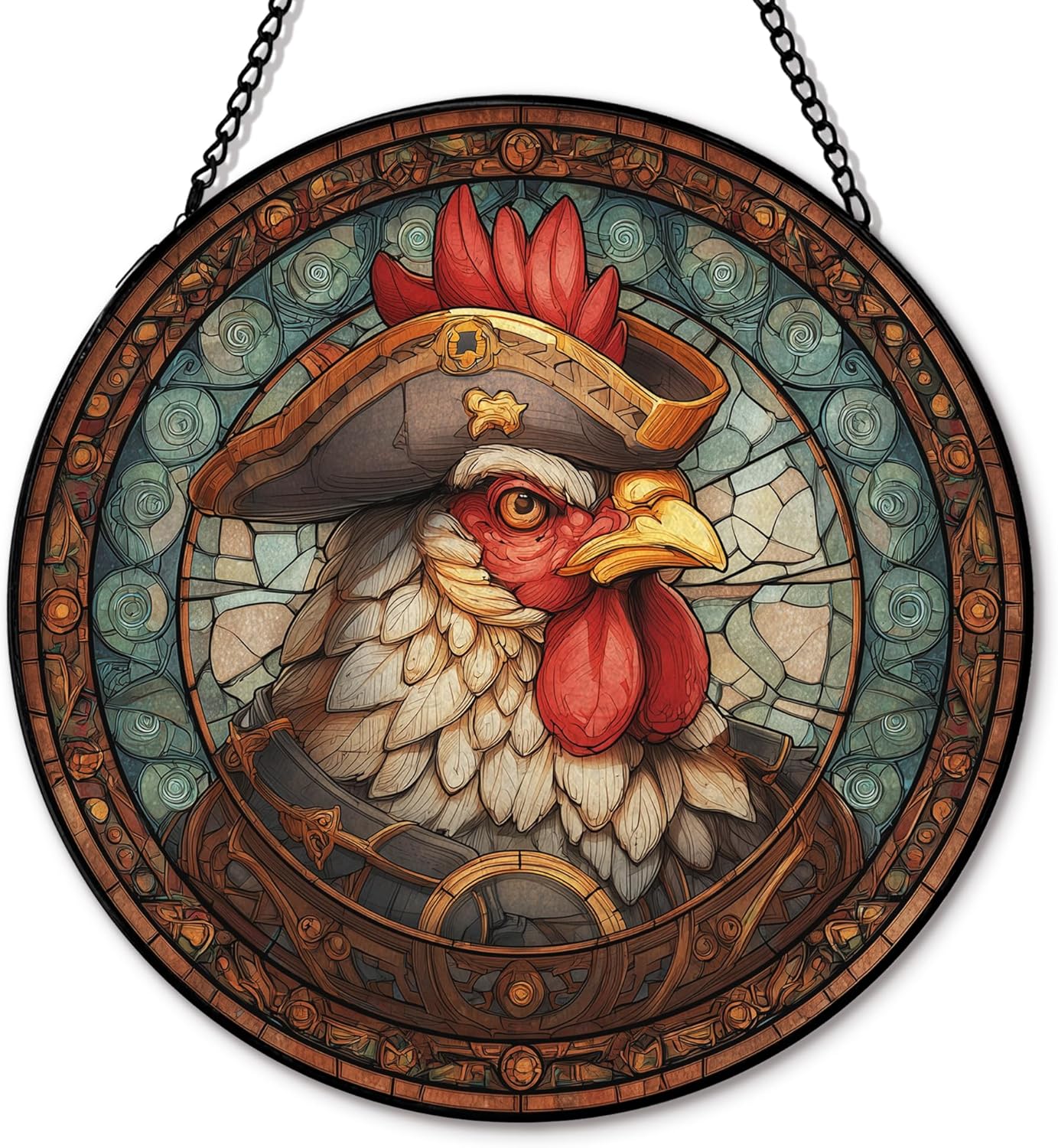 Chicken Suncatcher Stained Glass Garden Window Hanging, Vintage Rooster Sun Catchers Indoor Window Glass Round Wall Decor, Chicken Wall Art Hanging Decorations, ＂7.8x7.8＂