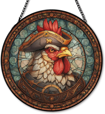 Chicken Suncatcher Stained Glass Garden Window Hanging, Vintage Rooster Sun Catchers Indoor Window Glass Round Wall Decor, Chicken Wall Art Hanging Decorations, ＂7.8x7.8＂