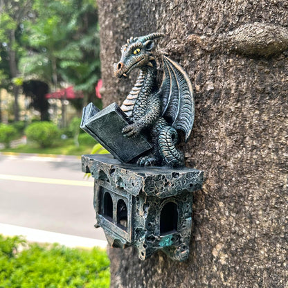 Garden Dragon Statue Tree Hugger Solar Powered Outdoor Figurine Wall Hanging Decor Cute and Reading Magic Book Resin Sculpture Home Decoration Porch Patio Lawn Farm Yard Housewarming Ornament Gift