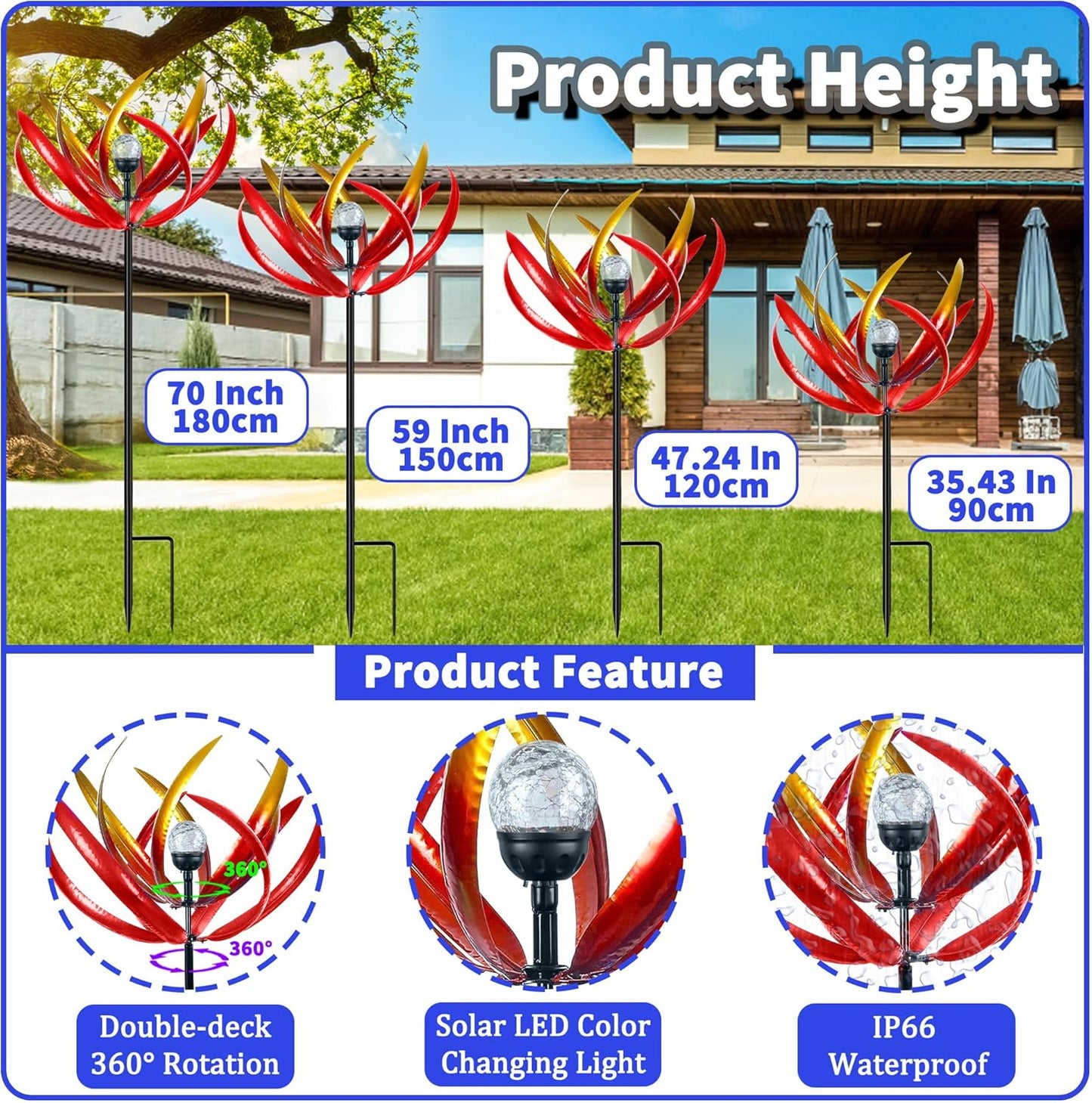 Large Solar Wind Spinners Outdoor for Yard Decor,70 inch Multi Color Tulip Wind Spinner,Outdoor Metal Wind Sculptures & Spinners with Stake,Wind Mill for Yard Art Lawn Garden Decor