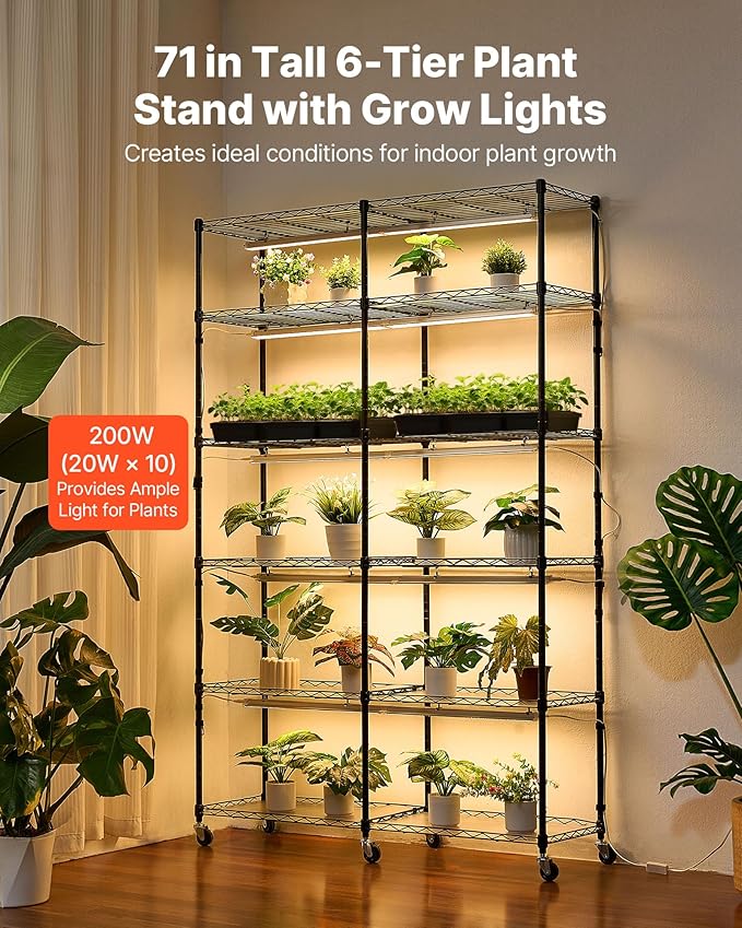 VEVOR Plant Shelf with Grow Light, 6-Tier Double-Row Plant Stand, 71in Tall Indoor Plants Display Rack with Wheels & Timer, 200W Full Spectrum Grow Lights, Metal Flower Pot Holder for Seed Starting