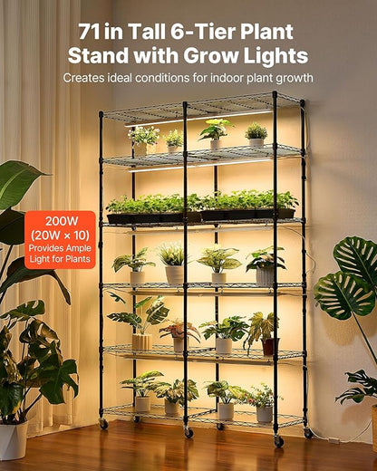 VEVOR Plant Shelf with Grow Light, 6-Tier Double-Row Plant Stand, 71in Tall Indoor Plants Display Rack with Wheels & Timer, 200W Full Spectrum Grow Lights, Metal Flower Pot Holder for Seed Starting