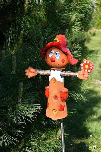Ceramic Garden Decor - Scarecrow Lawn stake - Outdoor statue - Perfect, unique gifts for gardeners woman, men, yard gifts - Handmade, Frostproof