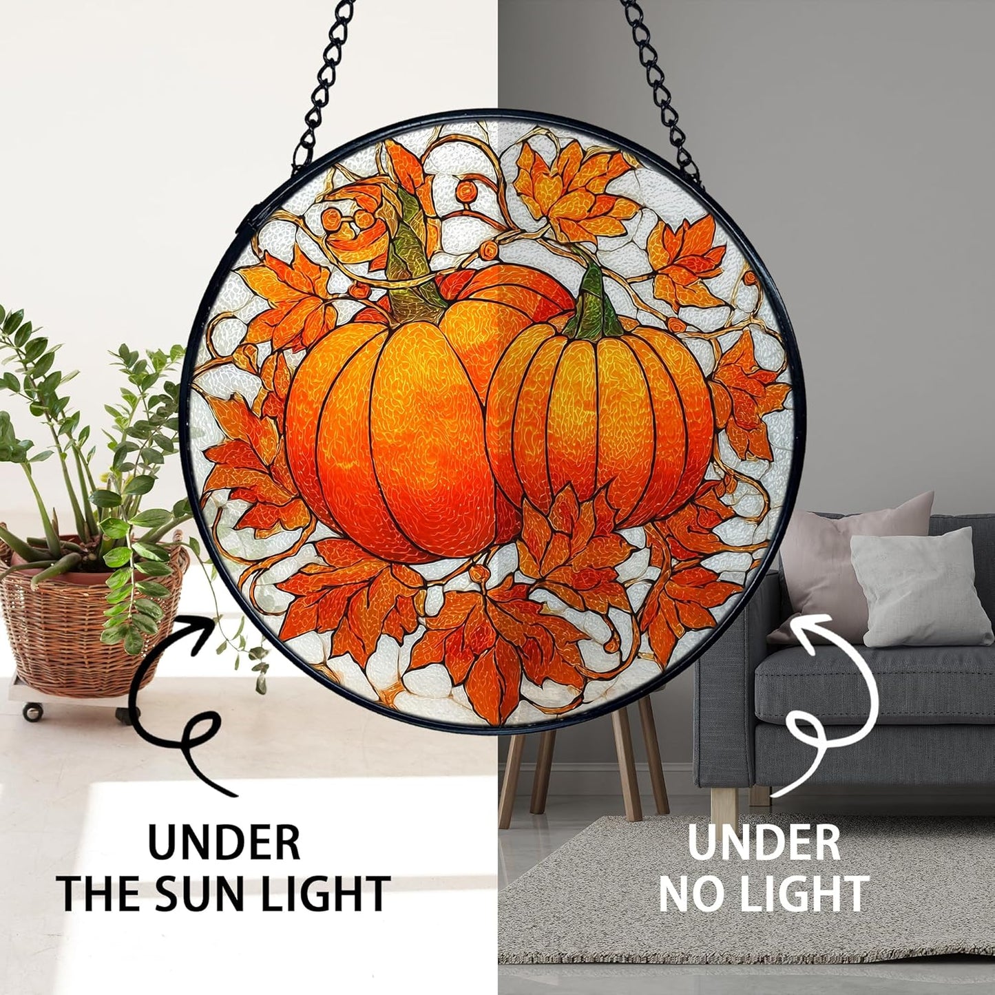 TNUW Fall Autumn Pumpkin Stained Glass Window Hanging, Farmhouse Autumn Pumpkin Maple Leaf Sun Catchers Indoor Window Glass Round Wall Art Decor, Rustic Fall Wall Hanging Decorations, 7.9＂x7.9＂