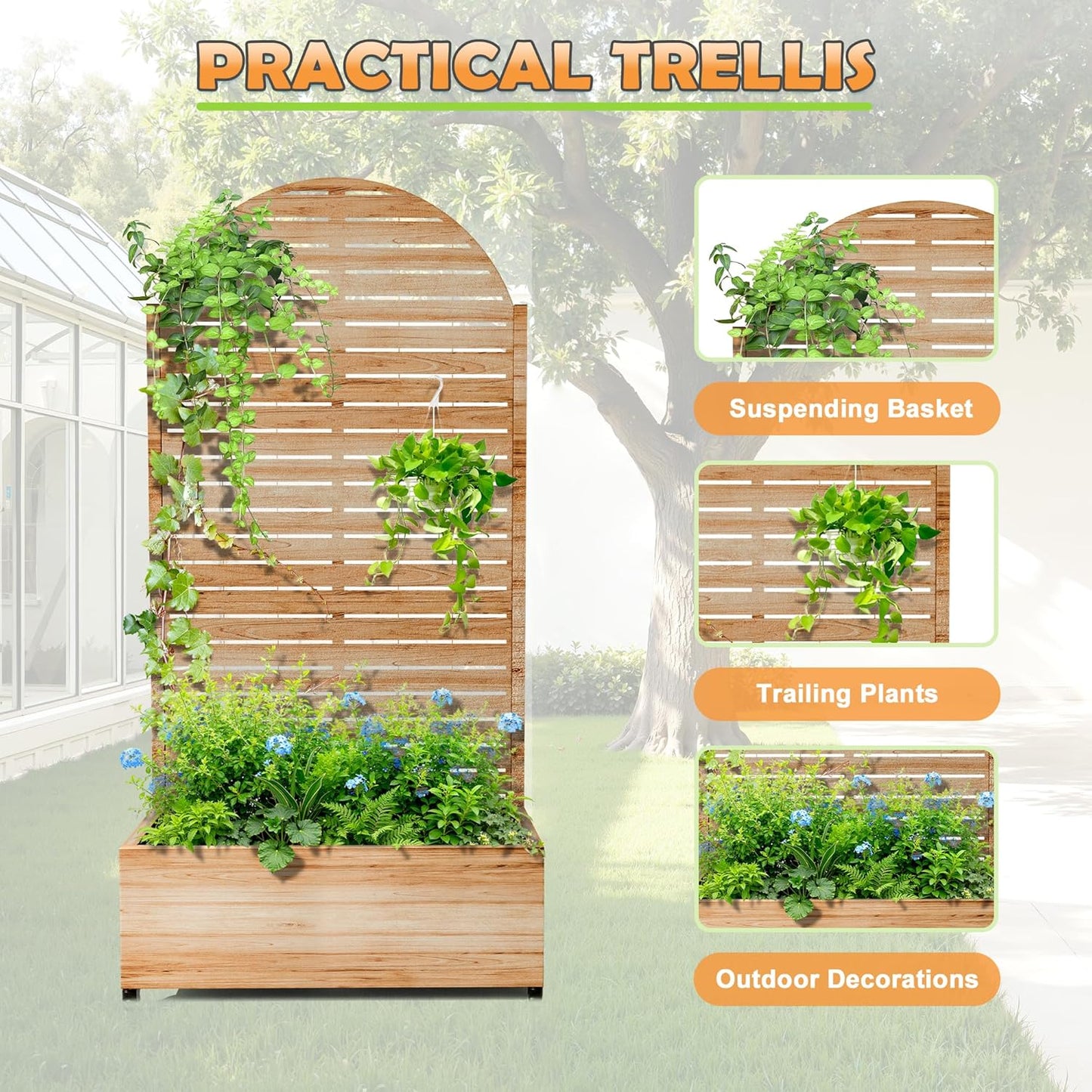 Metal Raised Garden Bed with Trellis, 2-in-1 Planter Box & Privacy Screen for Climbing Plants, Outdoor Standing Flower Bed with Drainage Holes, 35.4" L x 15.7" W x 70.1" H, Acacia Wood Grain-Louvered