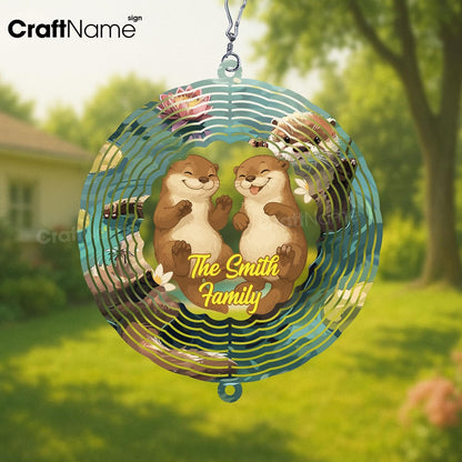 Personalized Otter Couple Wind Spinner 3D Stainless Steel, Otter Garden Spinner Hanging Outdoor Decor, Wind Spinners Outdoor, Custom Gift for Grandmother, Mom, Wife