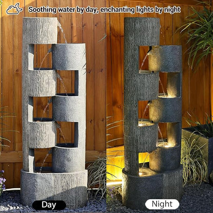 51" Outdoor Water Fountain Waterfall Fountain Outdoor Garden Water Feature Durable Resin Fiberglass with LED Lights, Pump, Natural Stones for Garden, Living Room, Patio
