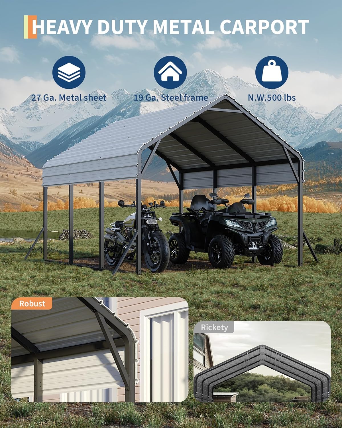 GarveeLife 13 ft x16 ft x11 ft Metal Carport, Steel Heavy Duty Car Ports for All-Weather, for Cars, Motorcycles, ATV, or Boats, N.W. 500 LBS