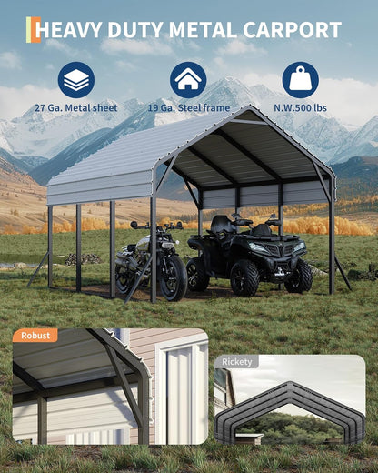 GarveeLife 13 ft x16 ft x11 ft Metal Carport, Steel Heavy Duty Car Ports for All-Weather, for Cars, Motorcycles, ATV, or Boats, N.W. 500 LBS