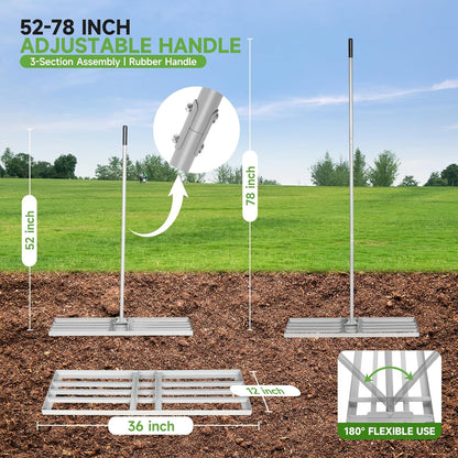 Lawn Leveling Rake – Heavy-Duty Galvanized Steel Yard Leveling Rake with Adjustable 36x12 Inch Rack Head & Extendable 52-78 Inch Handle, Rust-Resistant, All-Welded, Gloves Included