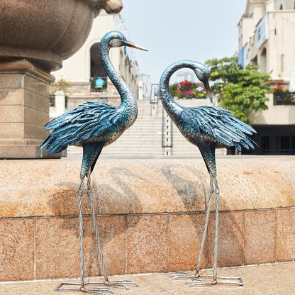 Kircust Garden Crane Statue for Outdoor, Blue Heron Decoy Garden Sculptures and Statues, Metal Bird Yard Art for Lawn Patio Decor, Set of 2