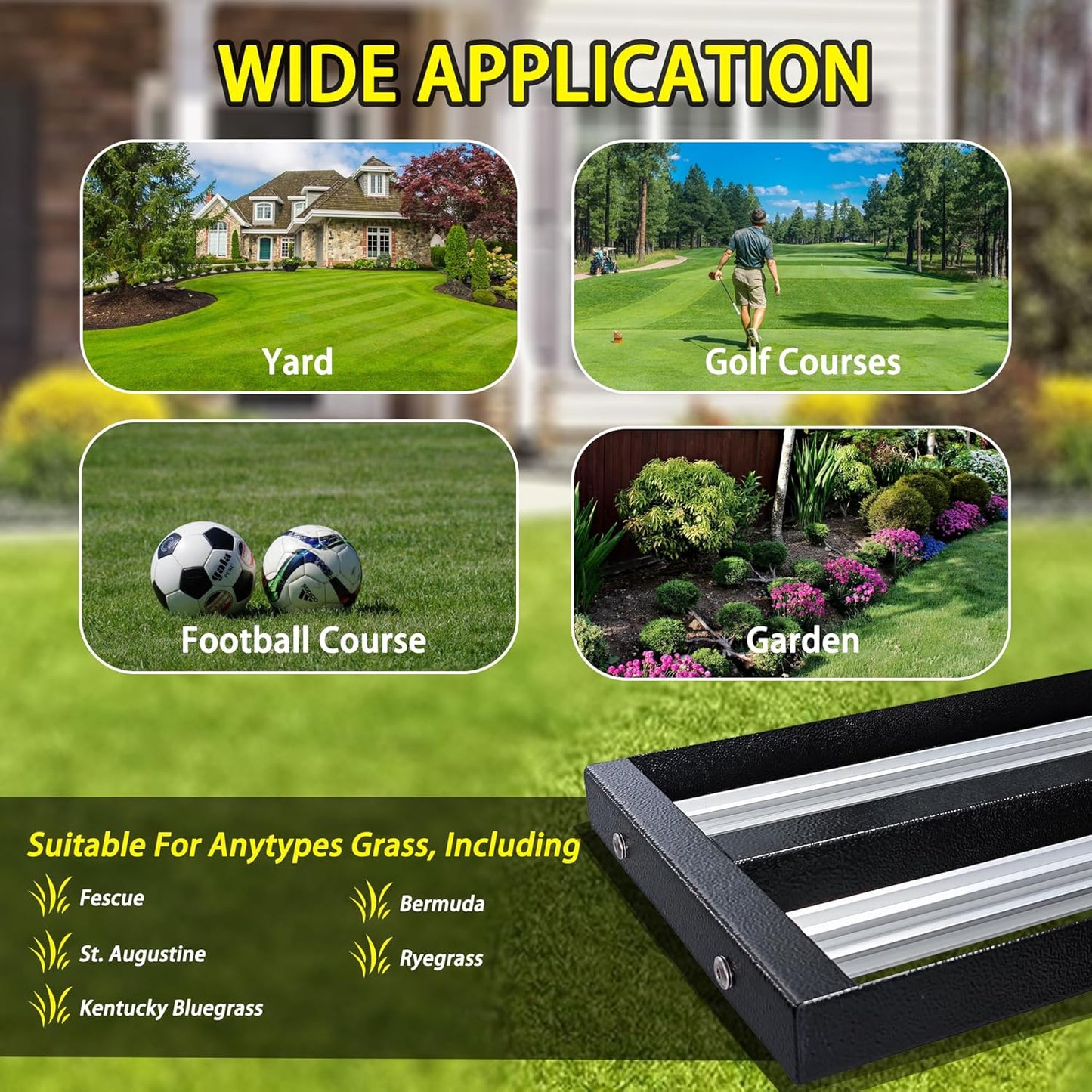 36"x10"Lawn Leveling Rake with Aluminum Rollers, Stainless Steel Yard Lawn Leveler Tool with Adjustable Long Handle, Yard Leveling Rake Suit, Levelawn Tool for Soil, Grass, Golf Course, Garden, Farm