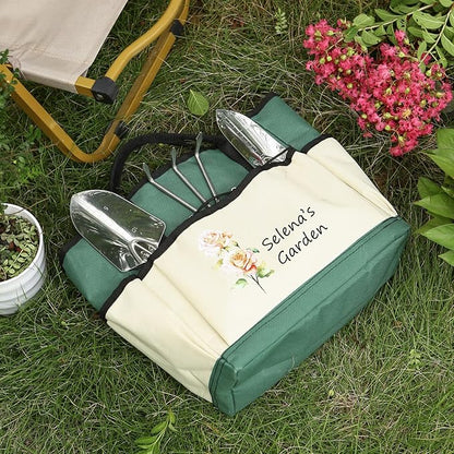 Personalized Garden Tools Set for Women: Custom Text Garden Tool Bag and Garden Shovel & Transplant Shovel & Hand Rake - Gardening Gifts for Mom Grandma Gardening Lover (Garden Bag)