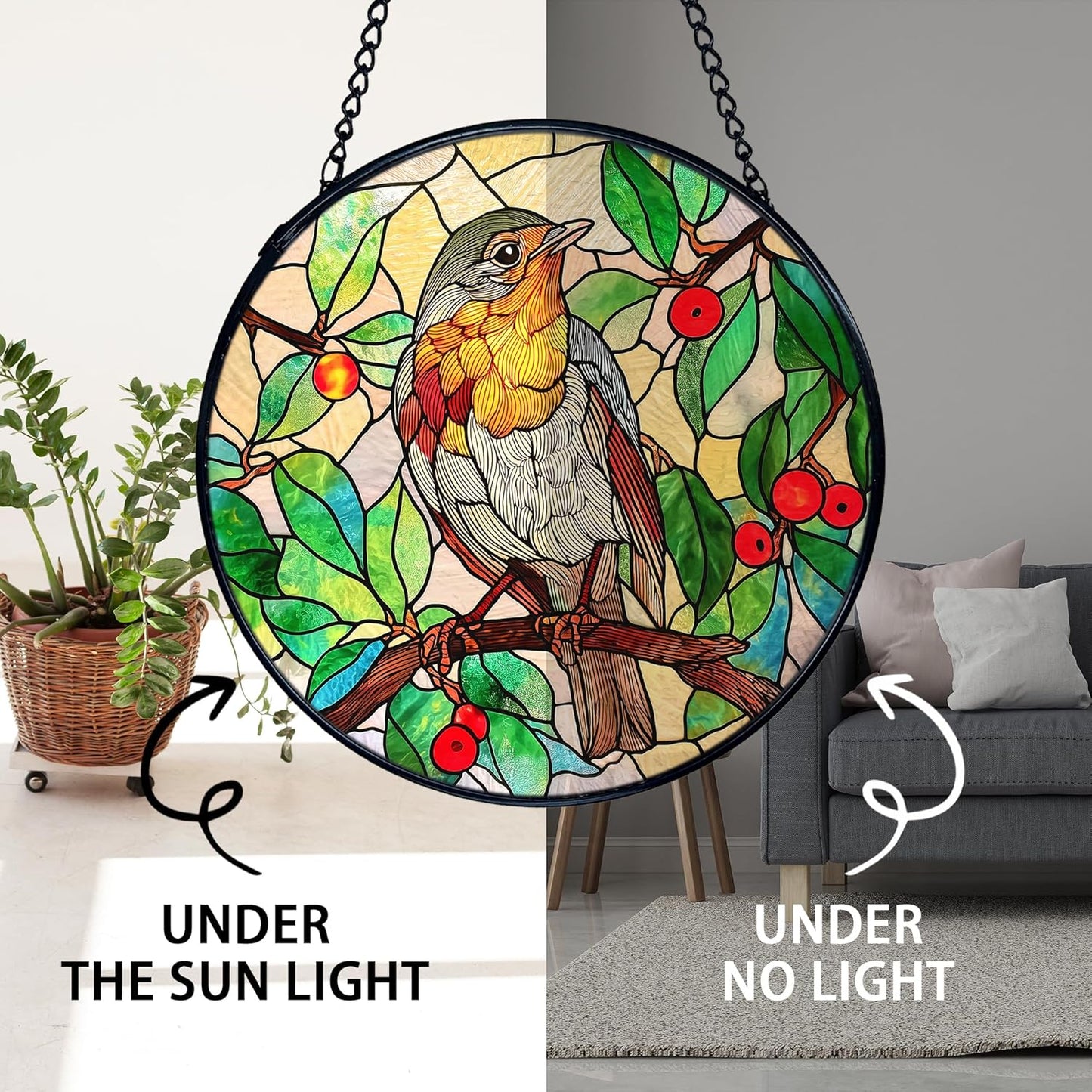 TNUW Bird Stained Glass Window Hanging, Bird Botanical Sun Catchers Indoor Window Glass Round Wall Art Decor, Birds Lover Gifts Wall Hanging Decorations, 7.9＂x7.9＂