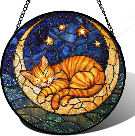 Stained Glass Window Hanging - Orange Moon Sleeping Cat Sun Catcher for Door Home Decor Blue Starry