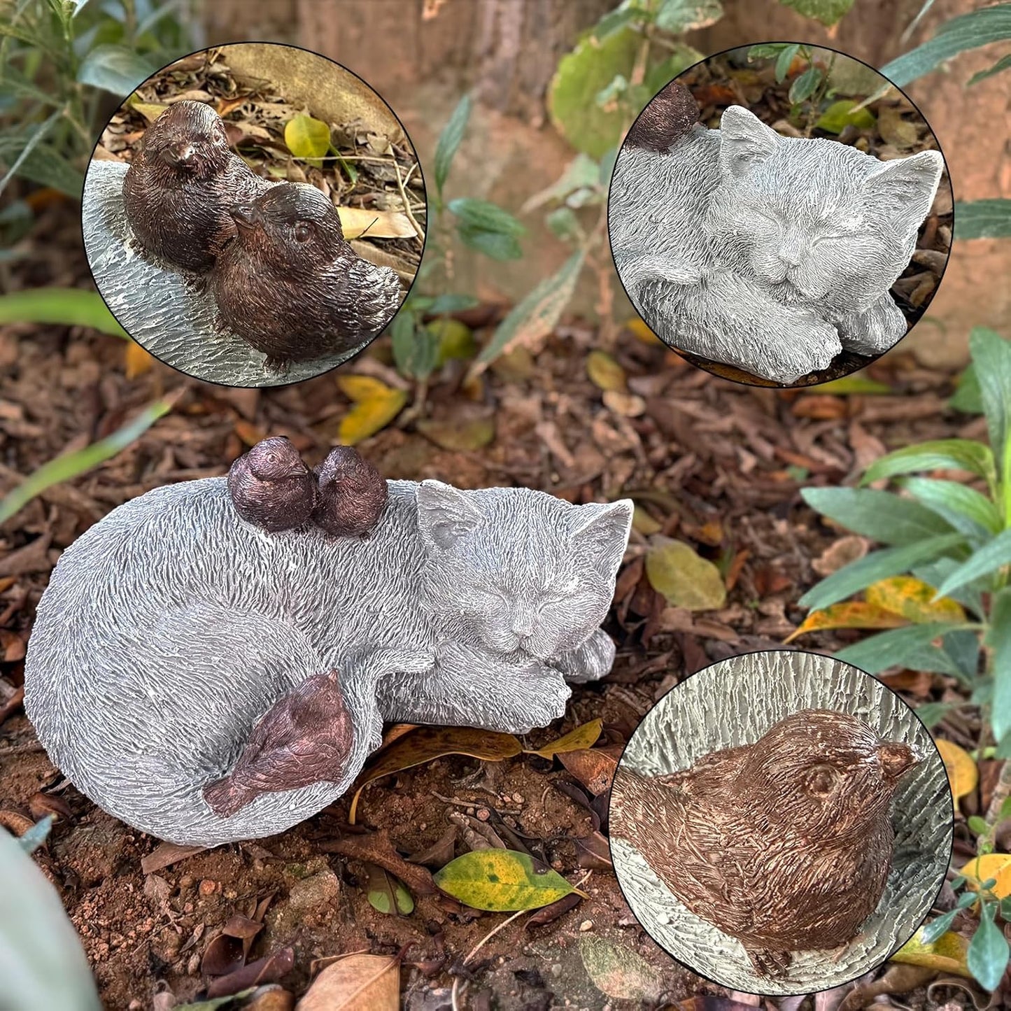 Cat Statue Outdoor Garden Decor - 11.4" Sparrows on Cat Figurine Memorial Grave Markers Garden Resin Sculpture for Outdoor Decoration, Pet Statues Gifts for Loss of Tabby Sympathy 11.4" x 7.1" x 4.6"