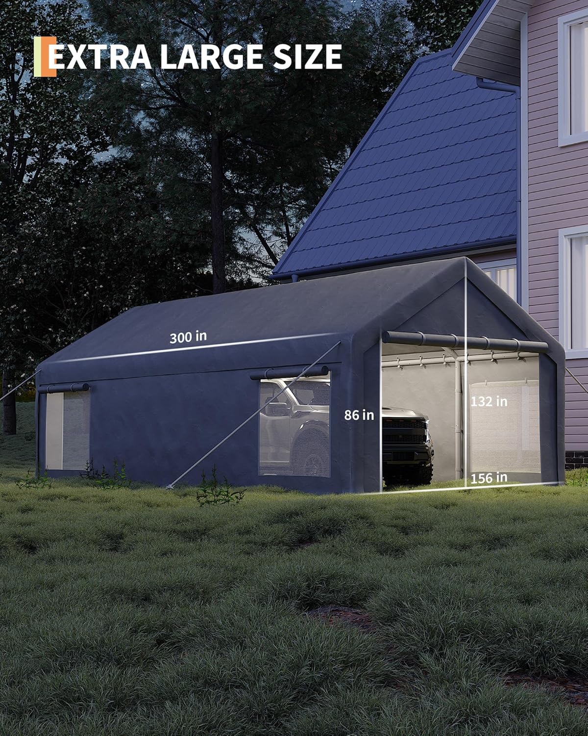 GarveeLife 13x25 ft Carport with 10 Sandbags, Car Port with 220 g PE Tarp, 2 Roll-Up Doors, and 4 Windows, for Full-Size Pickups, Bass Boats, Tractors, and SUVs, Gray