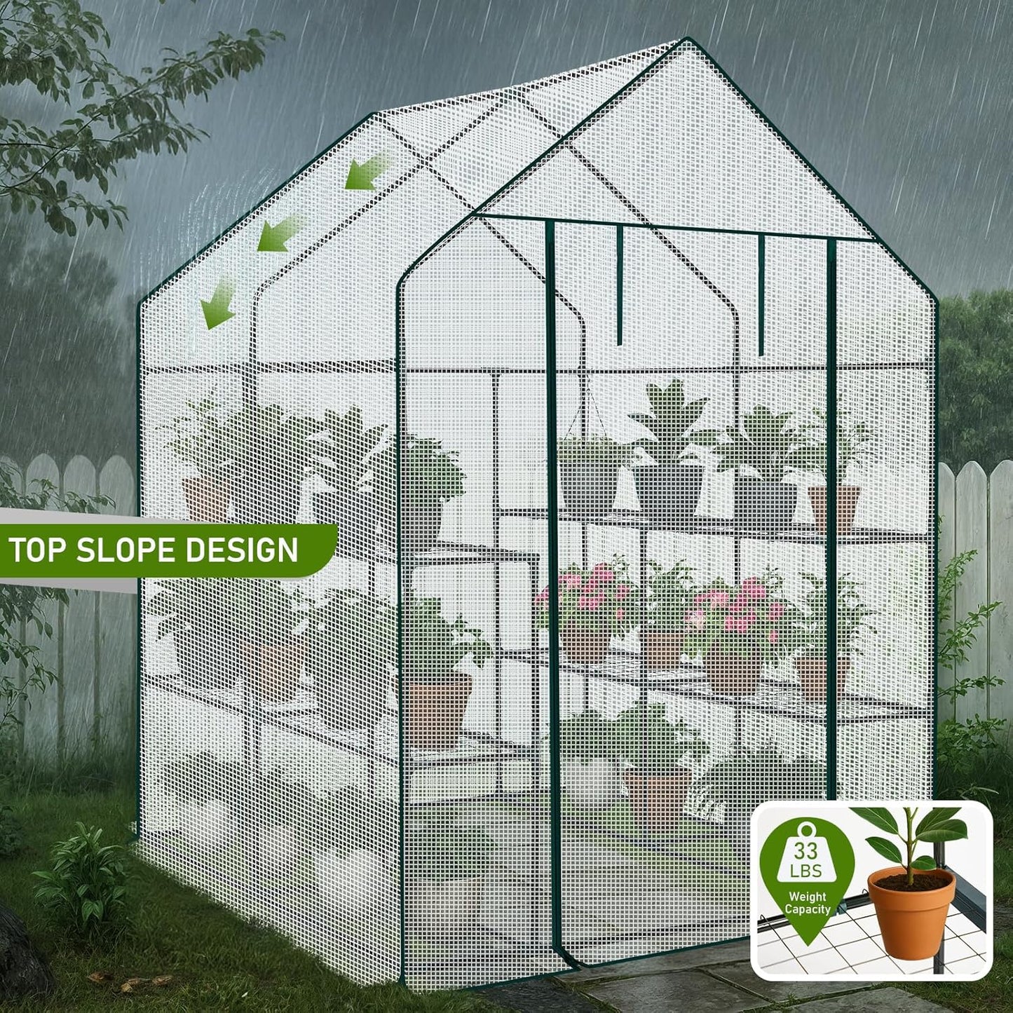 Outvita Walk-in Greenhouse, Outdoor Durable PE Plant Green House for Frost Protection with 3 Tiers 8 Shelves, Shelf Clips, Roll-up Zipper Door, 56"x56"x77" White