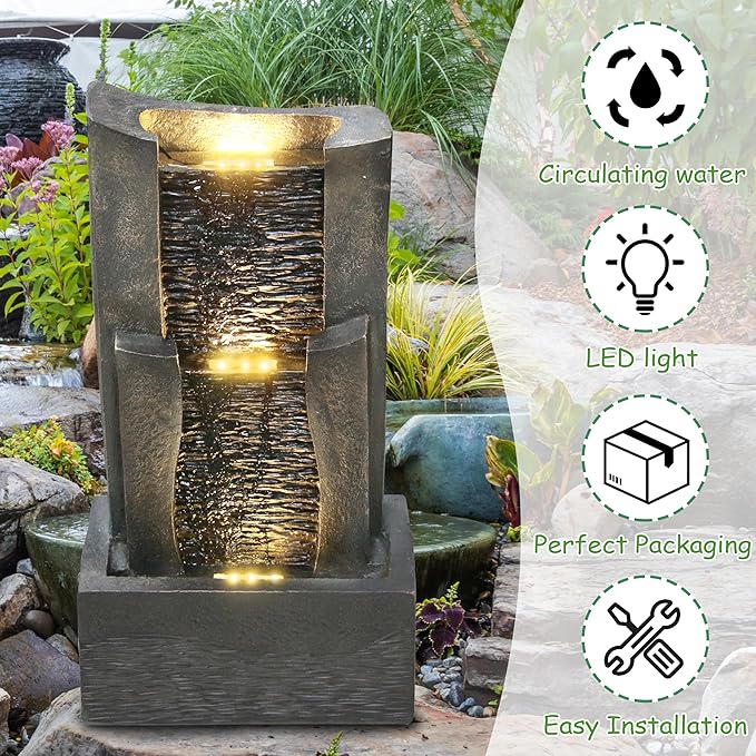 3-Tiers Outdoor Rock Water Fountain with LED Light, Standing Cascading Water Feature, Faux Stone Waterfalls Fountain Decor for Garden Patio Yard Lawn and Deck (Grey)