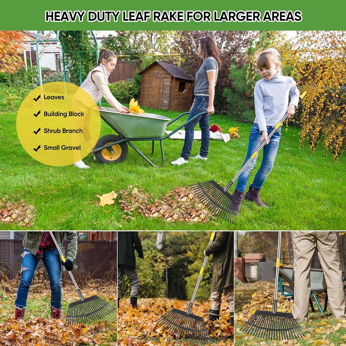 Rake Heavy Duty 6FT Long Garden Rakes , 18.5 Inch Wide Leaf Rake for Lawns, 25 Metal Tines, Adjustable Stainless Steel Handle for Leaves, Yards, Grass, Garbage, Weeds, Debris (Yellow)