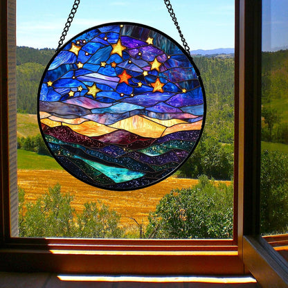 Stained Glass Window Hanging, Blue Sky Gold Stars Abstract Landscape Suncatcher for Doors Window Home Sun Catchers Decor Mother's Day Birthday Gifts for Women, Men Mom 11.8 in