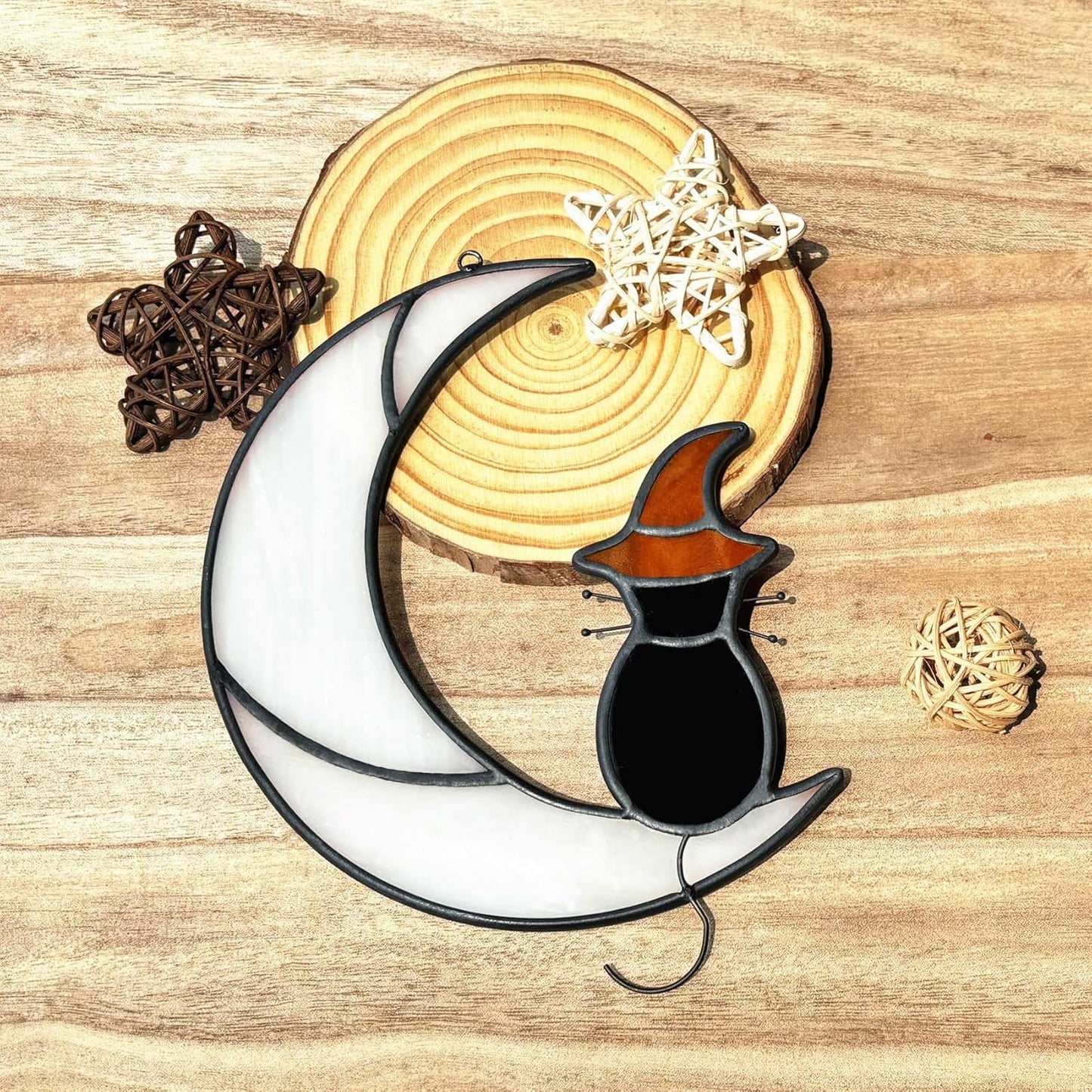 Stained Glass Halloween Black Cat Decor Gifts for Cat Lovers Memorial, Handmade Gothic Witch Hat Stained Glass Window Hangings Suncatcher for Windows Ornament Decoration.