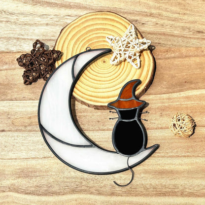 Stained Glass Halloween Black Cat Decor Gifts for Cat Lovers Memorial, Handmade Gothic Witch Hat Stained Glass Window Hangings Suncatcher for Windows Ornament Decoration.