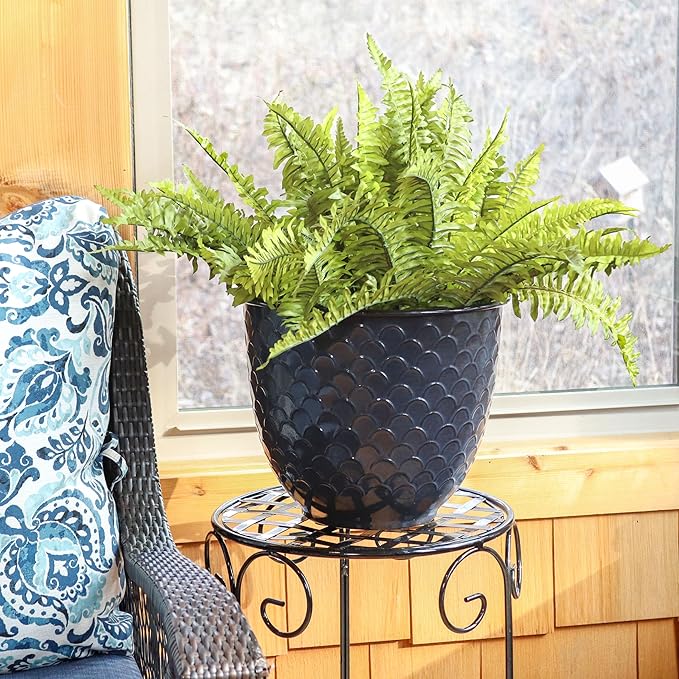 Sunnydaze Dinah 12.5" Metal Outdoor Plant Pot Set with Drainage Holes and Rubber Plugs - Navy Glaze - Set of 4