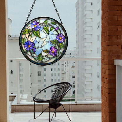 Stained Glass Window Hanging, Purple Morning Glory Flowers Suncatcher for Doors Window Home Plant Sun Catchers Decoration Mother's Day Birthday Gifts for Women, Men, and Mom 15x15 in