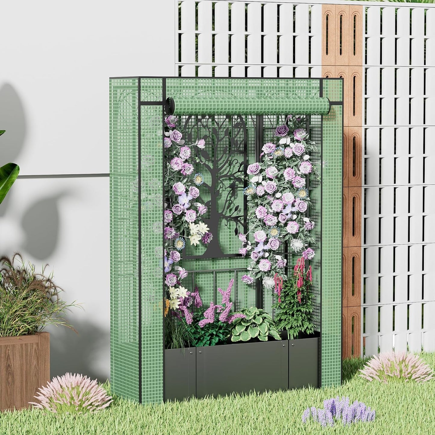 Metal Planter Box with Trellis and Cover, Raised Garden Bed with Trellis Privacy Screen, 62 inch Tall Planter Boxes for Climbing Plants, Flowers, Vegetables, Fruits, Balcony and Patio Decor (Black)