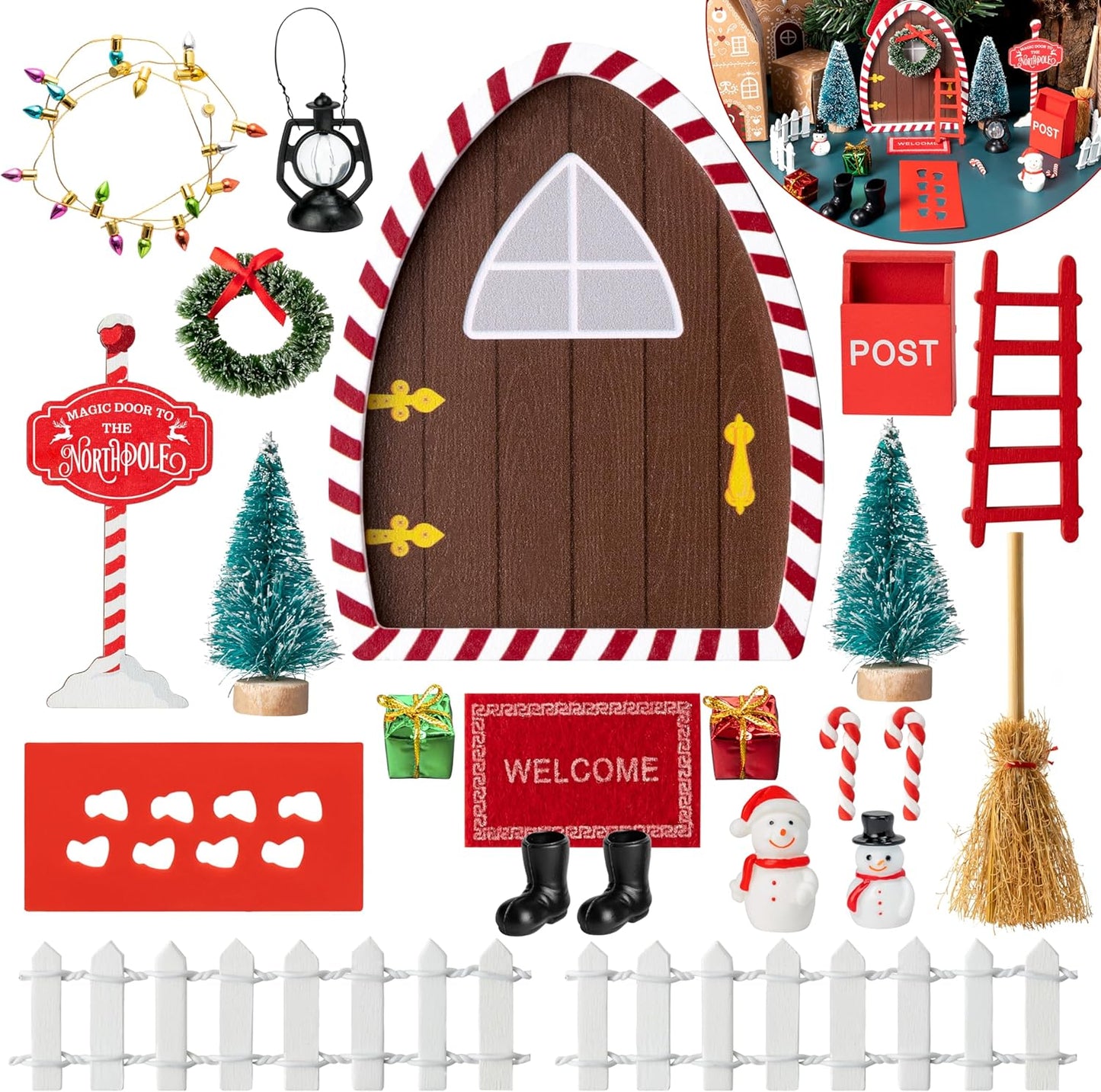 Haooryx Christmas Magic Wooden Miniature Fairy Doors Accessories - 22Pcs Christmas Elf Magic Door for Wall Fairies Magical Door Decoration Christmas Party Outdoor Xmas Decor (Red & White Border)