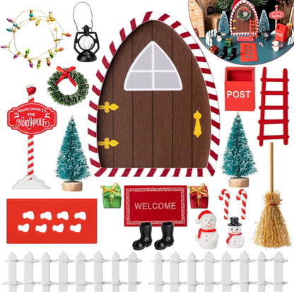 Haooryx Christmas Magic Wooden Miniature Fairy Doors Accessories - 22Pcs Christmas Elf Magic Door for Wall Fairies Magical Door Decoration Christmas Party Outdoor Xmas Decor (Red & White Border)