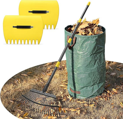 Leaf Rake 18” Wide Heavy Duty Metal 25 Tines Garden Rake Set with 30-90” Adjustable Long Handle for Yard Grass Shrub Mulch Including 32Gallon Garden Bag Leaf Scoops