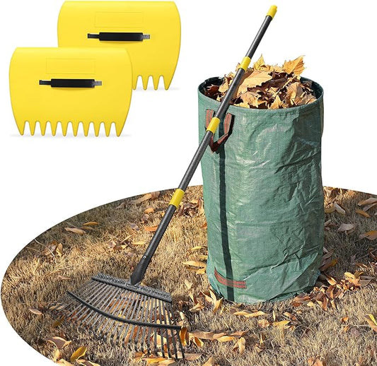 Leaf Rake 18” Wide Heavy Duty Metal 25 Tines Garden Rake Set with 30-90” Adjustable Long Handle for Yard Grass Shrub Mulch Including 32Gallon Garden Bag Leaf Scoops