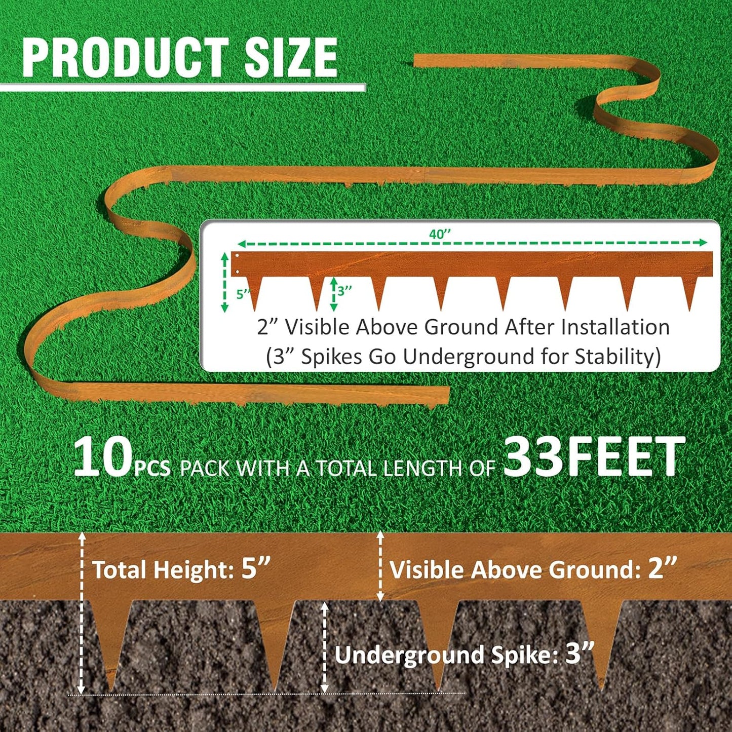33ft. Cor-Ten Steel Landscape Edging (10-Pack) – 40" Metal Edging for Landscaping with 11 Stakes, Hammer-in Metal Landscaping Edging for Yard Pathway & Flower Beds – Lawn Edge for Garden Design