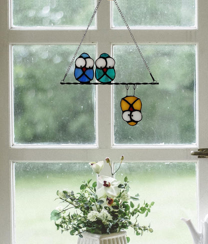Multicolor Owl on a Wire Stained Glass Window Hanging, Bird Suncatcher for Windows Panels Hangings Hummingbird Ornament Decoration for Wall Home Garden Decor Bird Gift for Owl Lovers