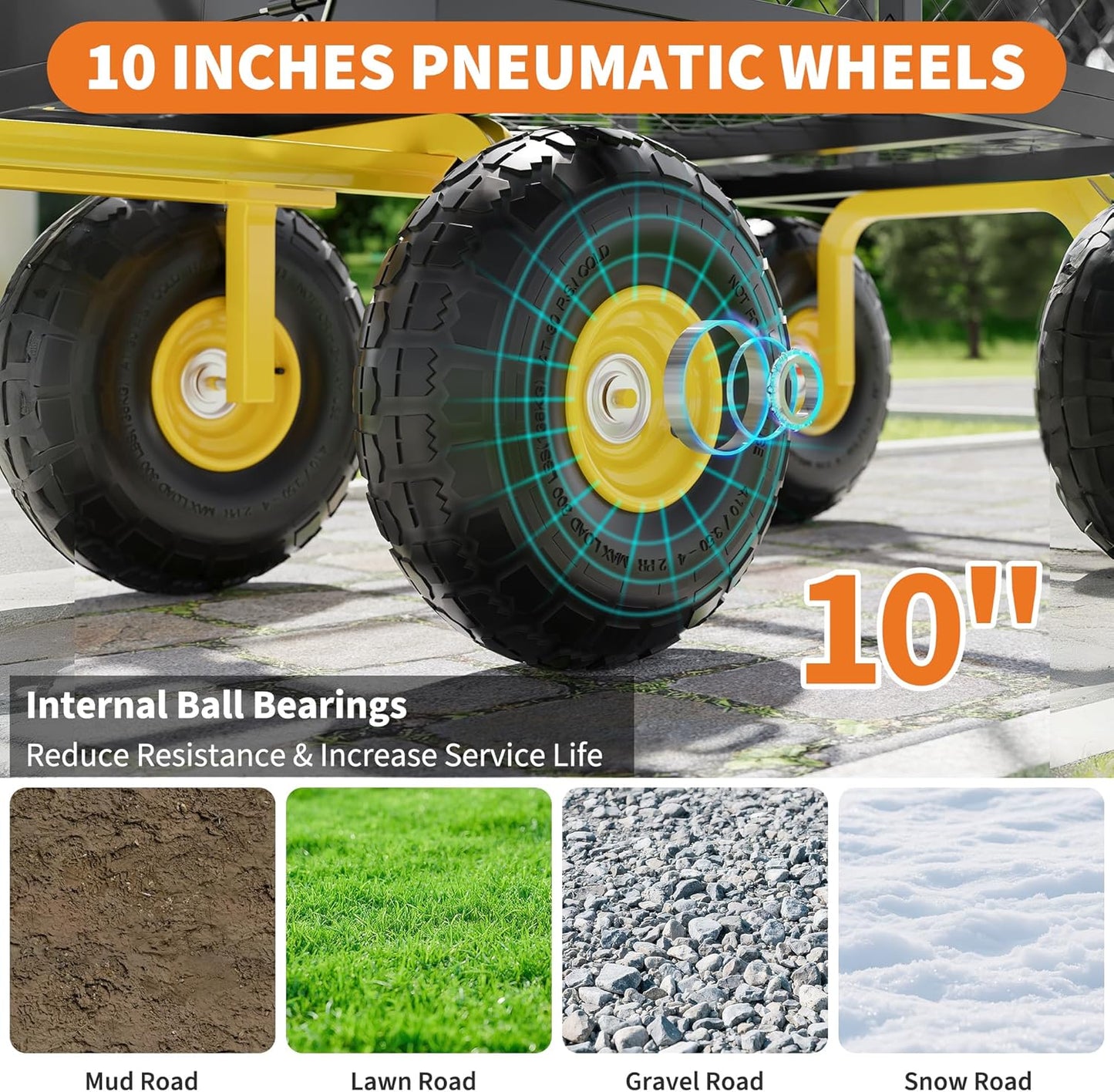 Metal Wagon - 500lbs Garden Cart with 10" Multi-Terrain Tires, 4 Removable Mesh Sides & 180° Swivel Handle, Yard Wagon Cart for Lawn, Yard, Patio Gardening