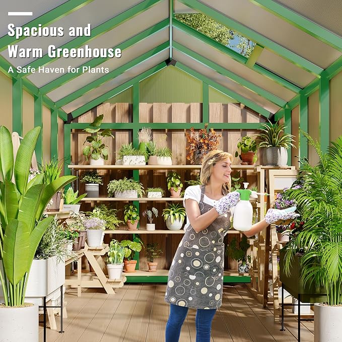 6x10 FT Greenhouse, Easy Assembly Aluminum Polycarbonate Greenhouses for Outdoors with Roof Vent, Large Aluminum Walk-in Greenhouse for Sunroom Patio, Backyard, Garden, Sliding Lockable Door, Green