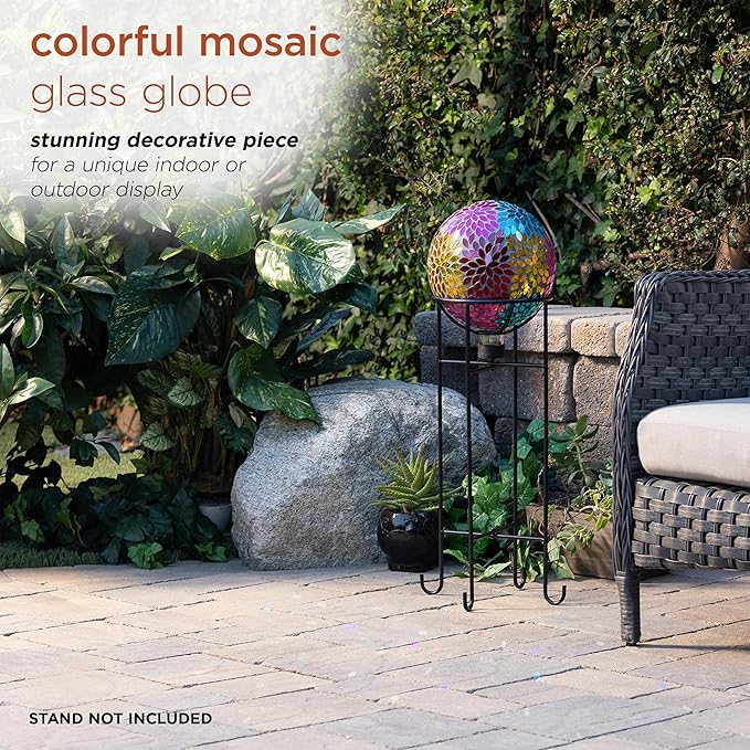 Alpine Corporation HMD172 10" Diameter Indoor Outdoor Glass Gazing Globe Yard Decoration, Mosaic Multicolor Leaf