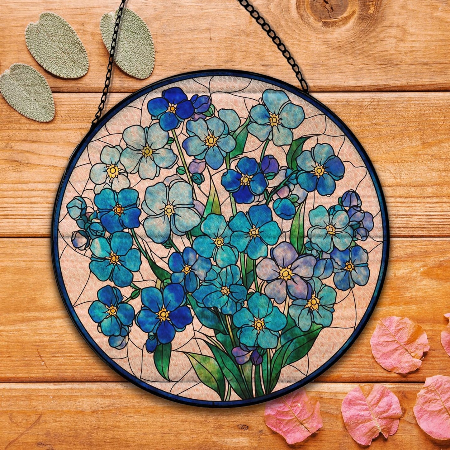 Blue Forget Me Not Flower Suncatcher Stained Glass Window Hanging, Blue Flower Sun Catchers Indoor Window Glass Round Wall Decor, Floral Wall Art Hanging Decorations, ＂7.8x7.8＂