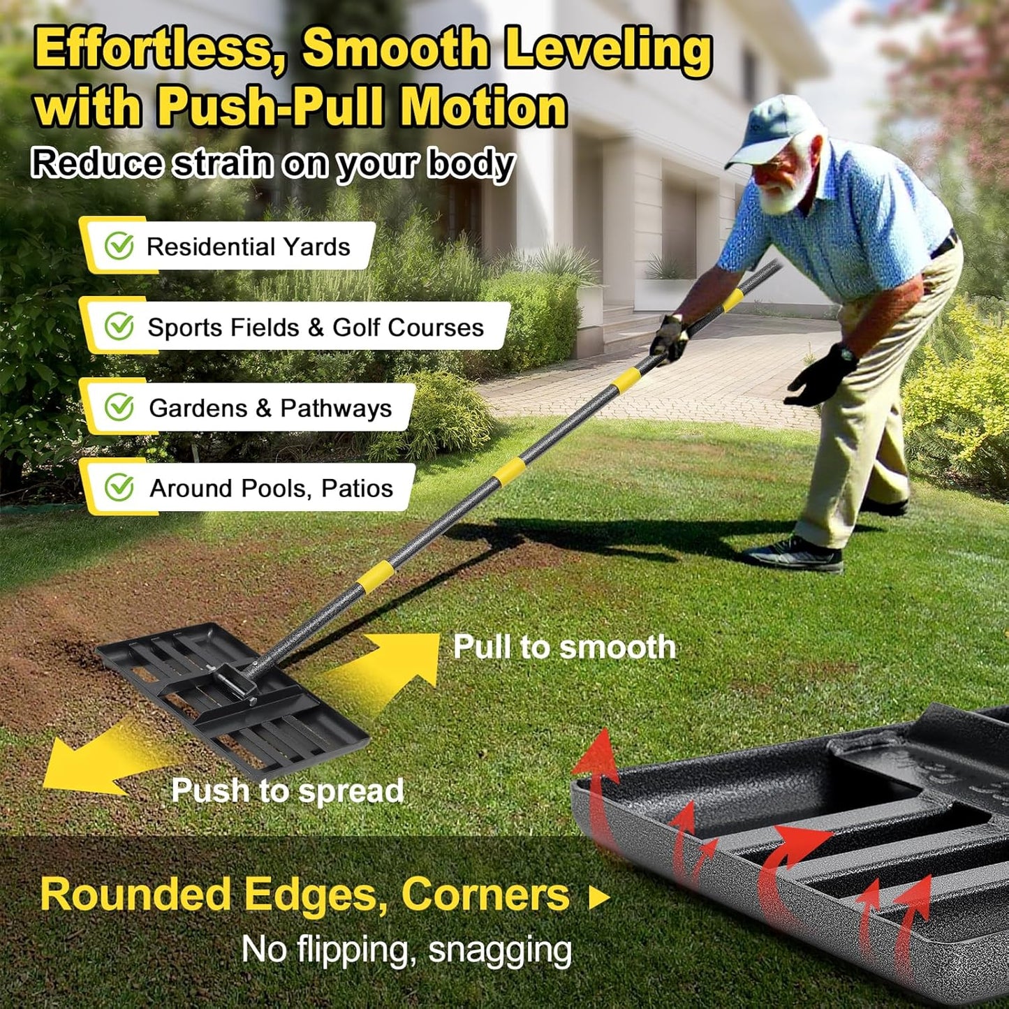 Lawn Leveling Rake, Heavy Duty 17" x 10" Stainless Steel Lawn Leveler for Soil Dirt Leveling Spreading,72" Adjustable Long Handle,Golf Field,Lawn,Tight Spot Landscaping Tool,Ground Leveler for Yard