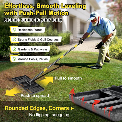 Lawn Leveling Rake: Anti Flipping 17" x 10" Stainless Steel Lawn Ground Leveler for Soil, Heavy Duty Grass Top Soil Dressing Leveling Rake, Home Lawn,Golf Field,Yard Landscaping Tool, 60” Long Handle