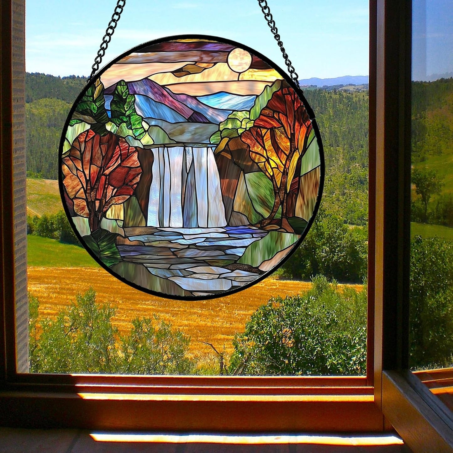 Stained Glass Window Hanging, Abstract Landscape Waterfall Mountains Trees Suncatcher for Doors Window Home Sun Catchers Decor Mother's Day Birthday Gifts for Women Men Mom 15 in