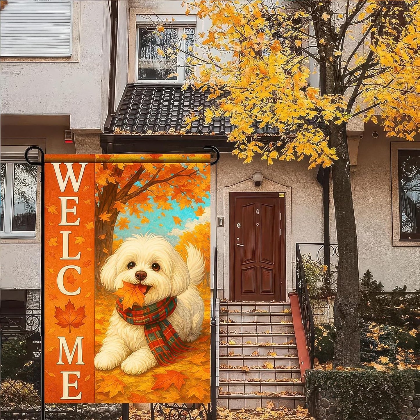 Thanksgiving Fall Garden Flag 12x18 Inch Welcome Bichon Frise Dog Outdoor Flag Double Sided Autumn Puppy Yard Banner with Plaid Scarf and Leaves Decor for Porch Lawn Patio