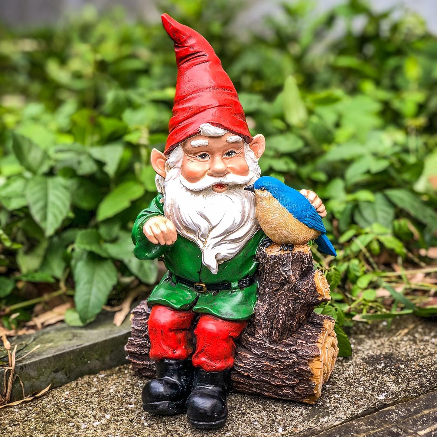 Garden Gnome Statues with Bird Resin Sculpture Gnome Sitting on The Stump Outdoor Statues for Outdoor Garden Decor