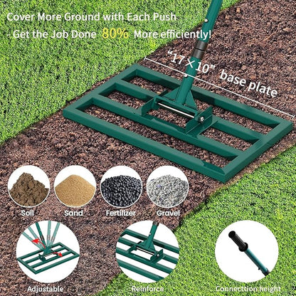 Lawn Leveling Rake Stainless Steel Leveling Rake 17”x10” Reinforced Welds with 64” Adjustable Long Handle Leveler Tool for Soil, Ground,Backyard Dressing,Golf Field,Garden Tools Grass Seed